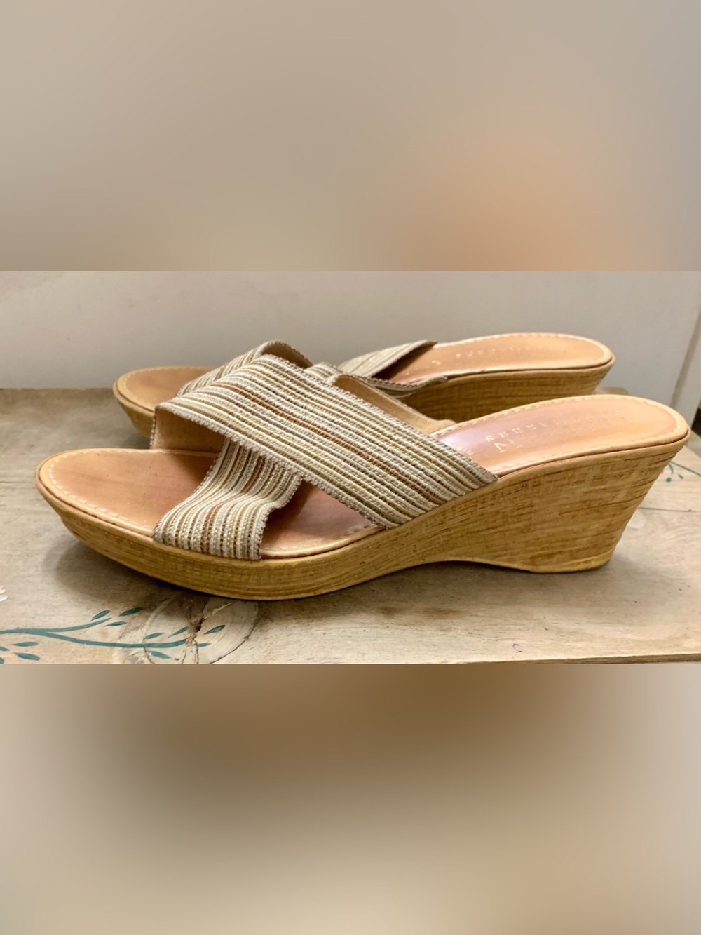 Italian Shoemakers Natural Beige Woven Crisscross Wedge Sandals